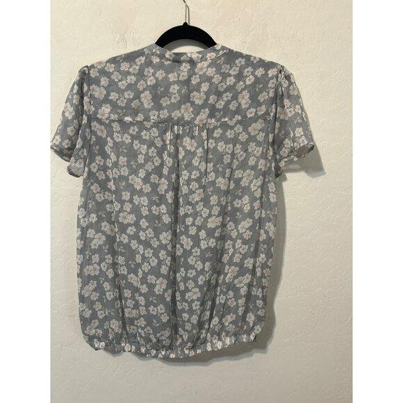 Torrid Sz 00 (US 10 M/L) Soft Grey Pink Floral Ditsy Gathered Waist Blouse Butto - Picture 6 of 7